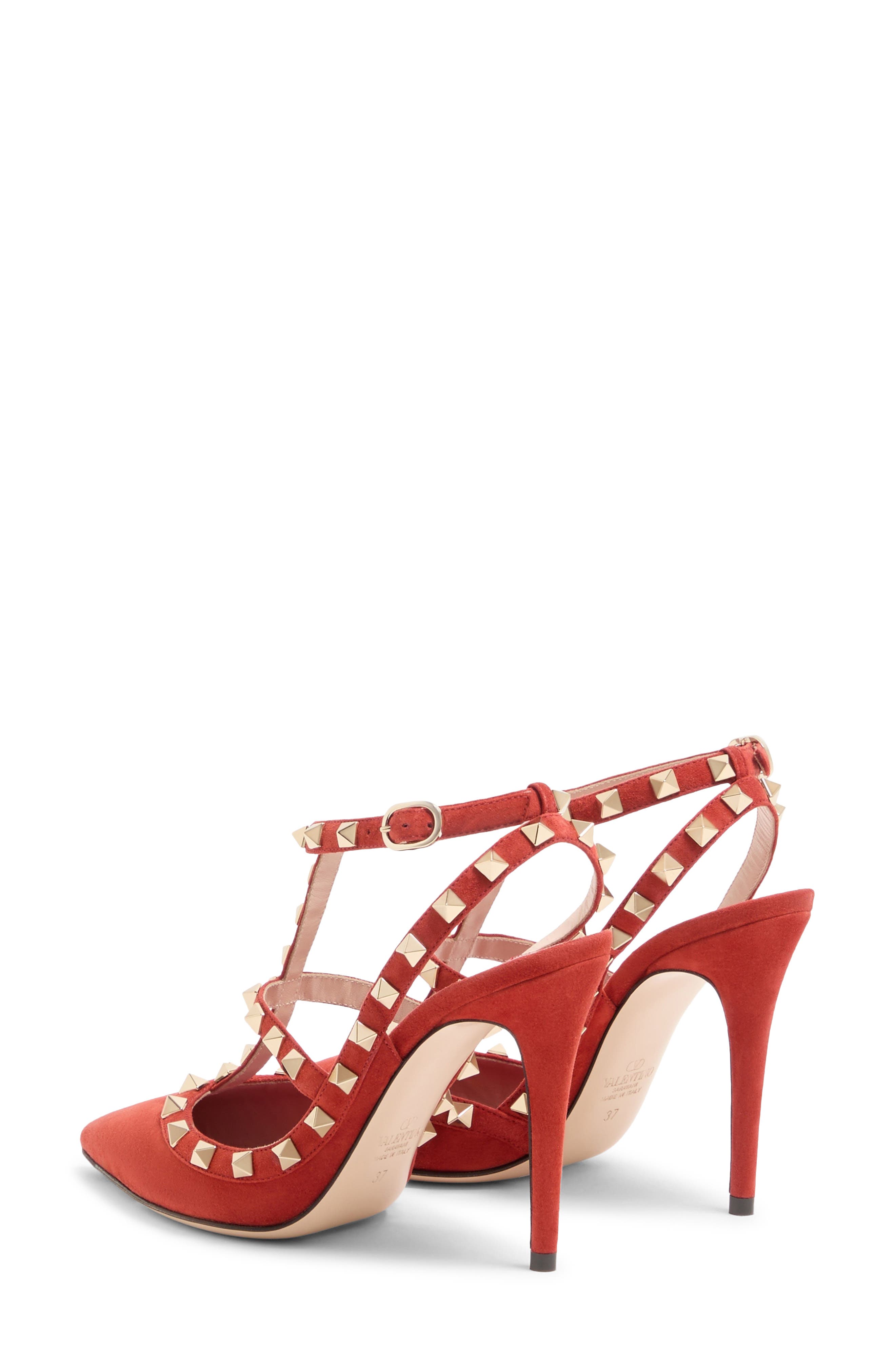 Rockstud Pointed Toe Ankle Strap Pump, Alternate, color, RED