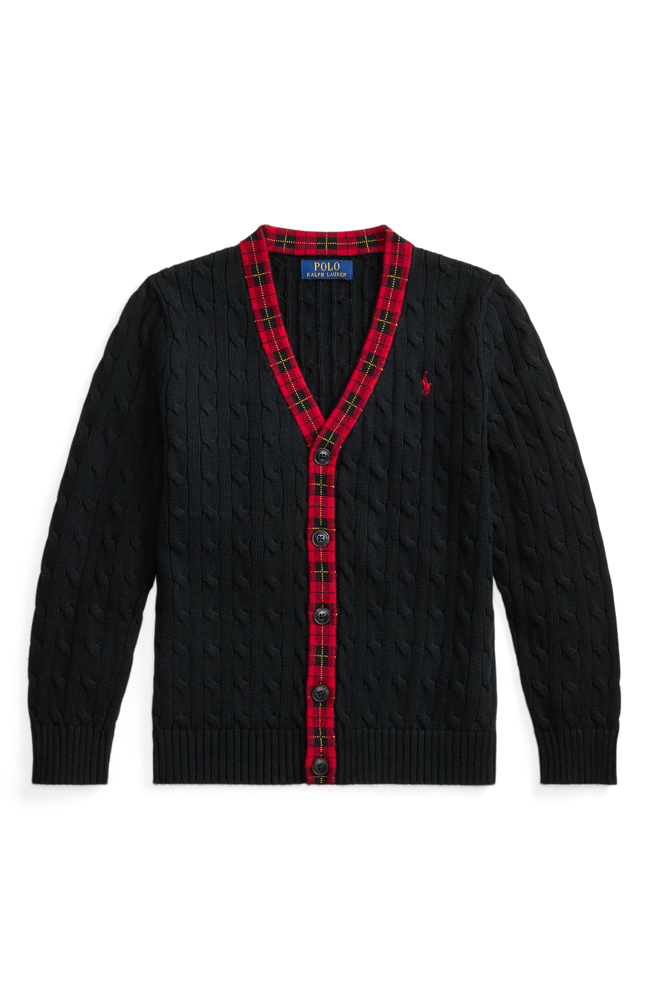 Polo Ralph Lauren Kids' Plaid Trimmed Cable Cardigan | Nordstrom