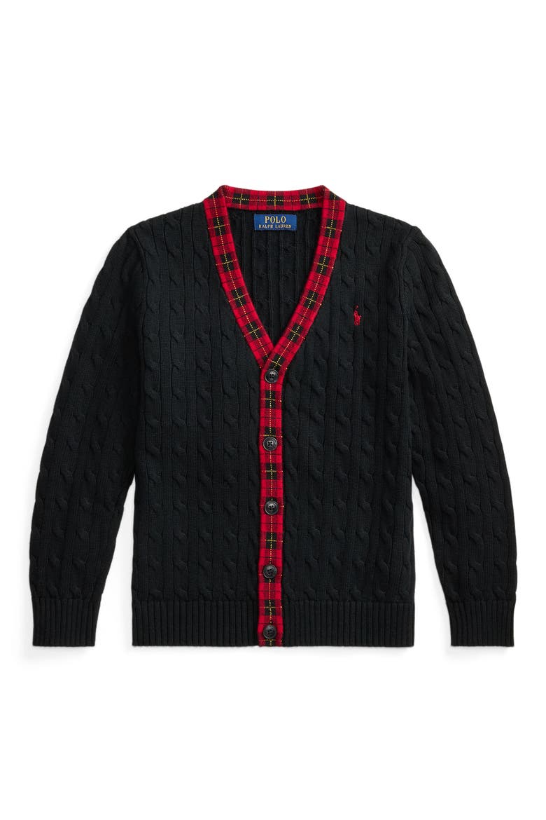 Kids' Plaid Trimmed Cable Cardigan, Alternate, color, POLO BLACK MULTI