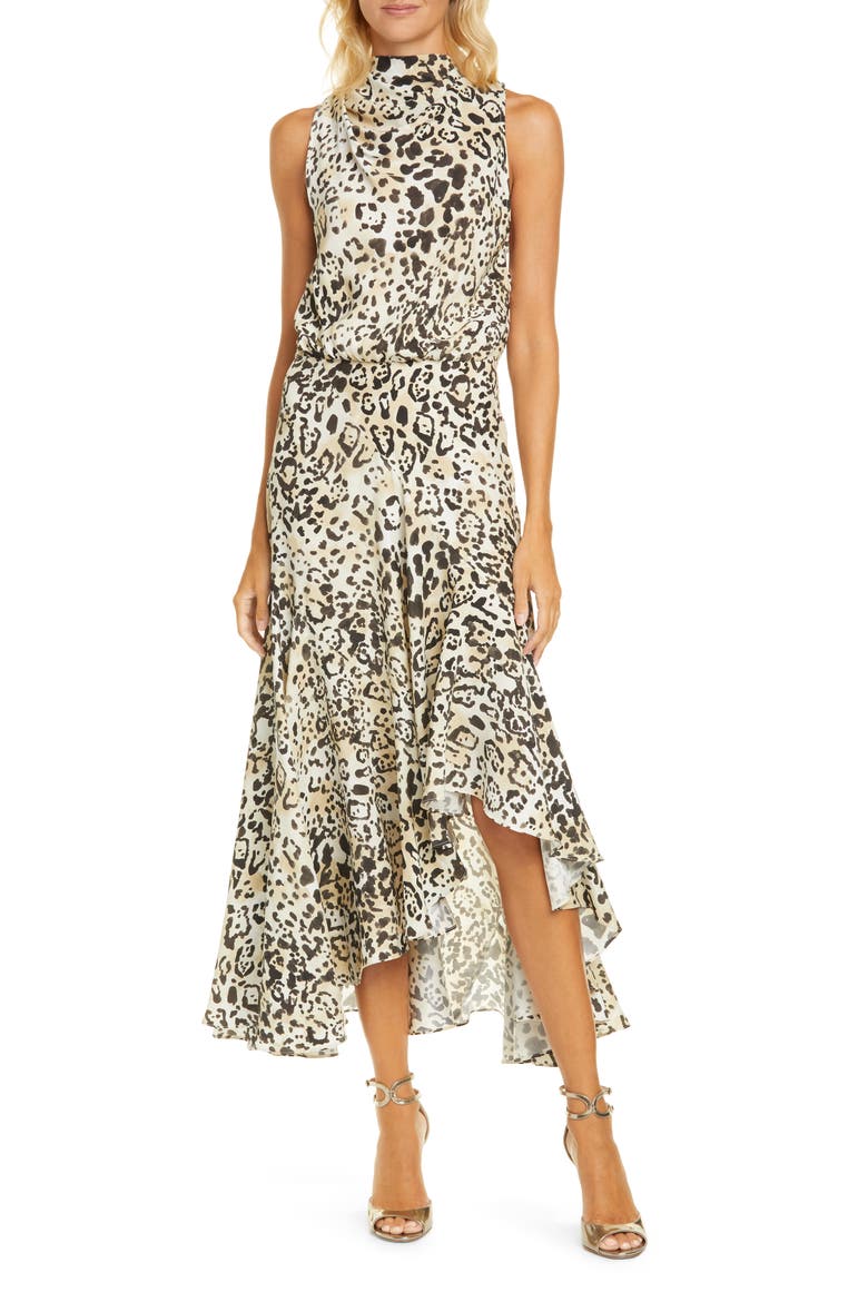 Animal Print Bow Back Handkerchief Hem Silk Dress, Main, color, ANIMAL PRINT