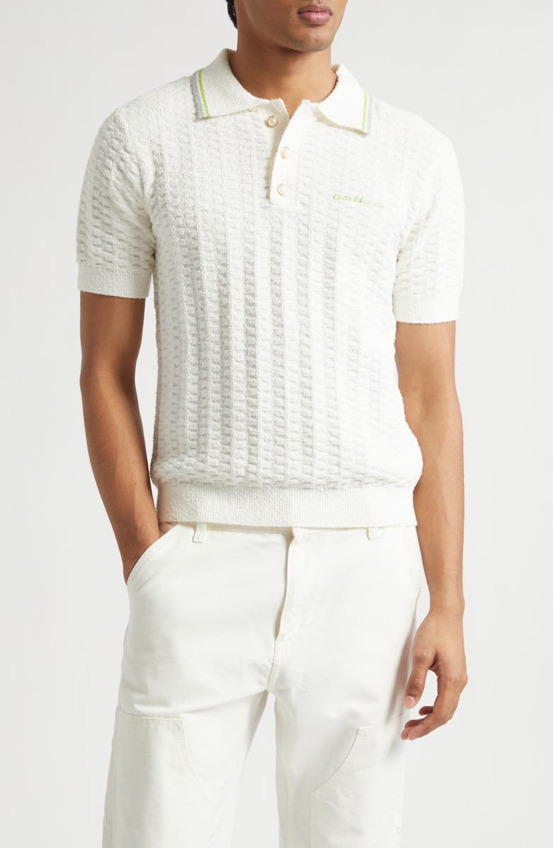 Casablanca Tennis Logo Embroidered Bouclé Polo, Main, color, White