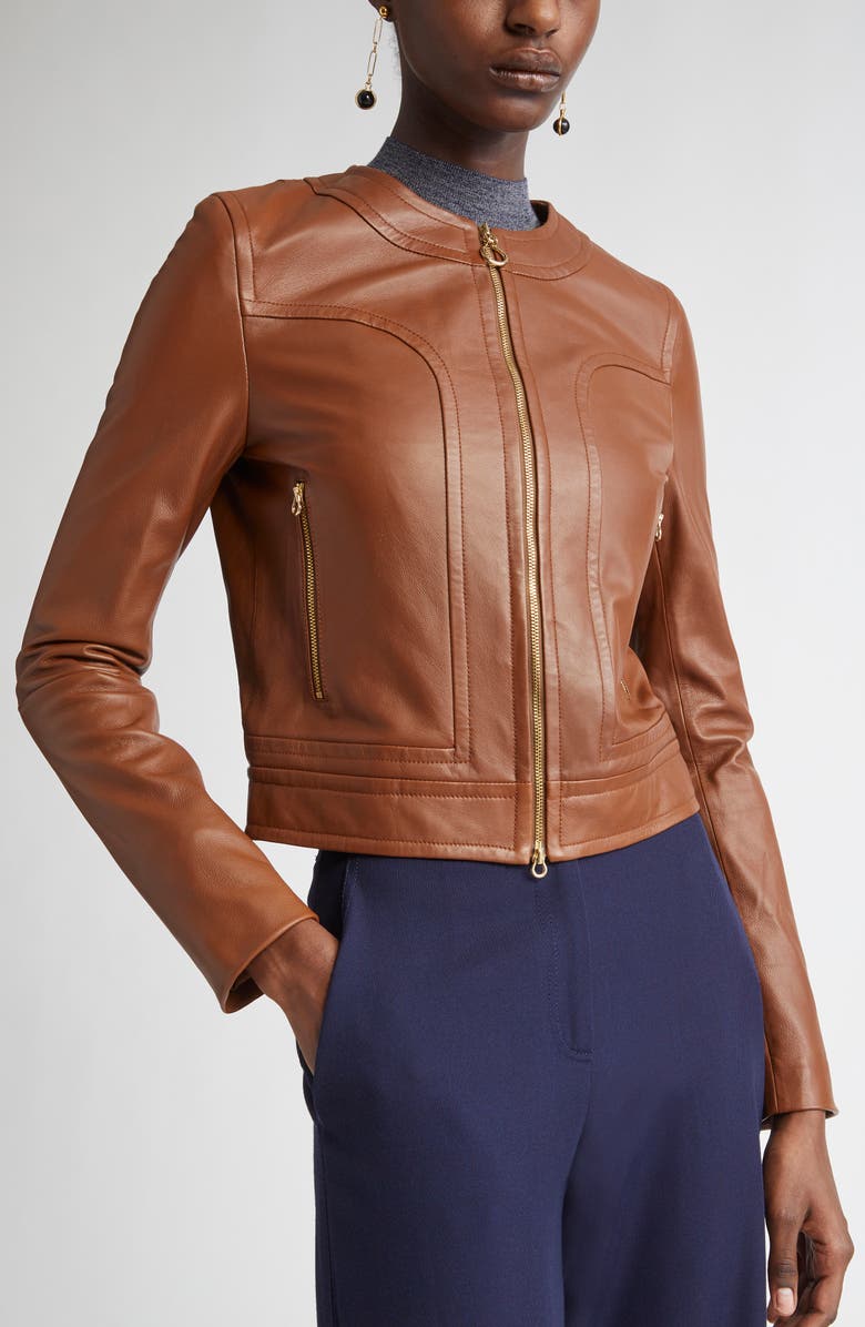 ST. JOHN Soft Leather Jacket, Alternate, color, Cognac