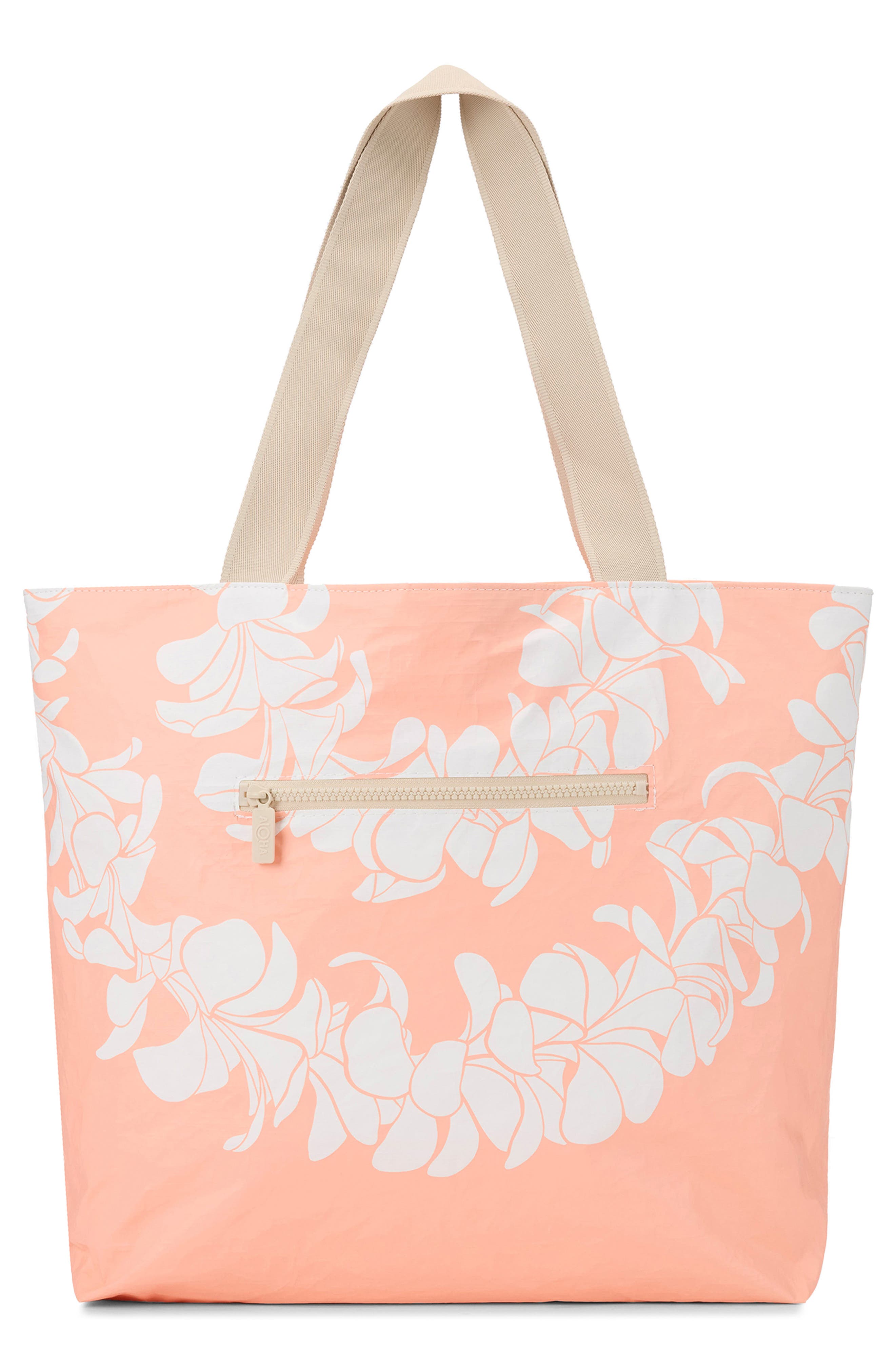 Aloha Collection Day Tripper Plumeria Lei Water Resistant Tote, Alternate, color, Peachy