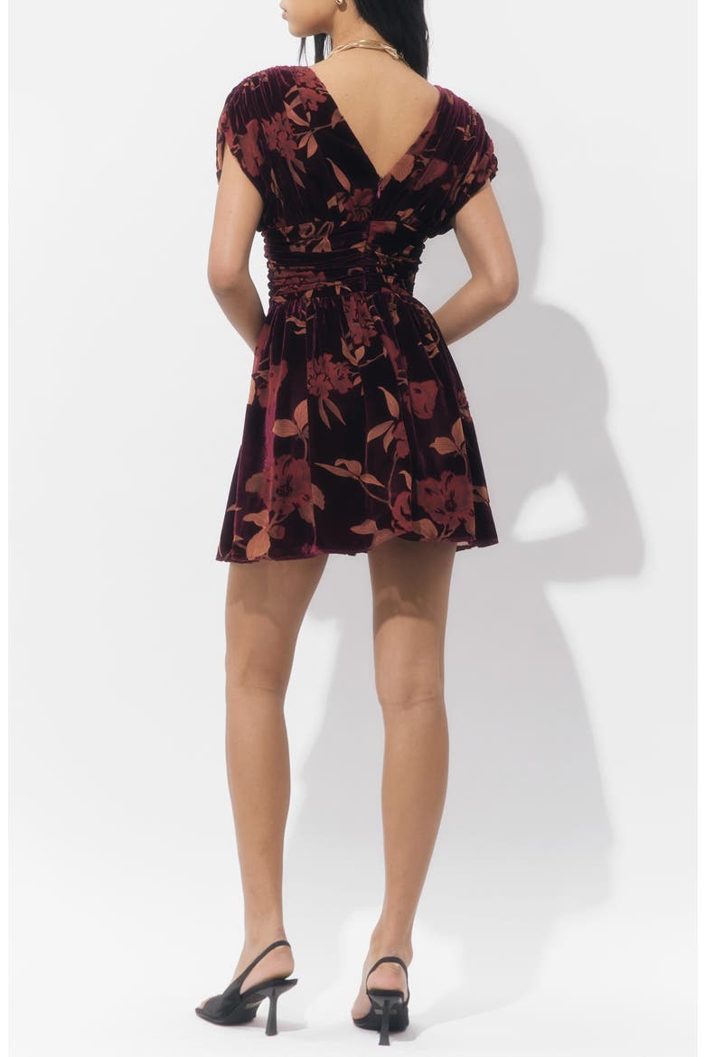 Myla Floral Print Ruched Velvet Minidress, Alternate, color, BURGUNDY