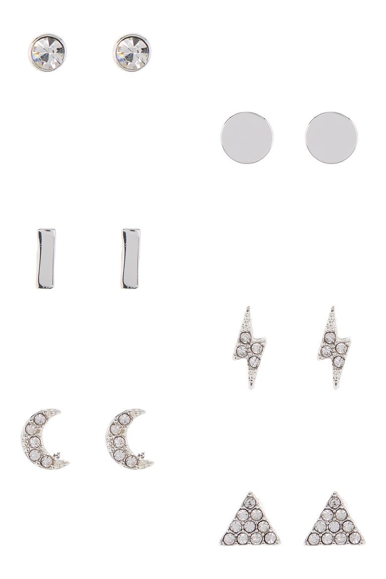 Set of 6 Moon/Lightning Stud Earrings, Main, color, SILVER
