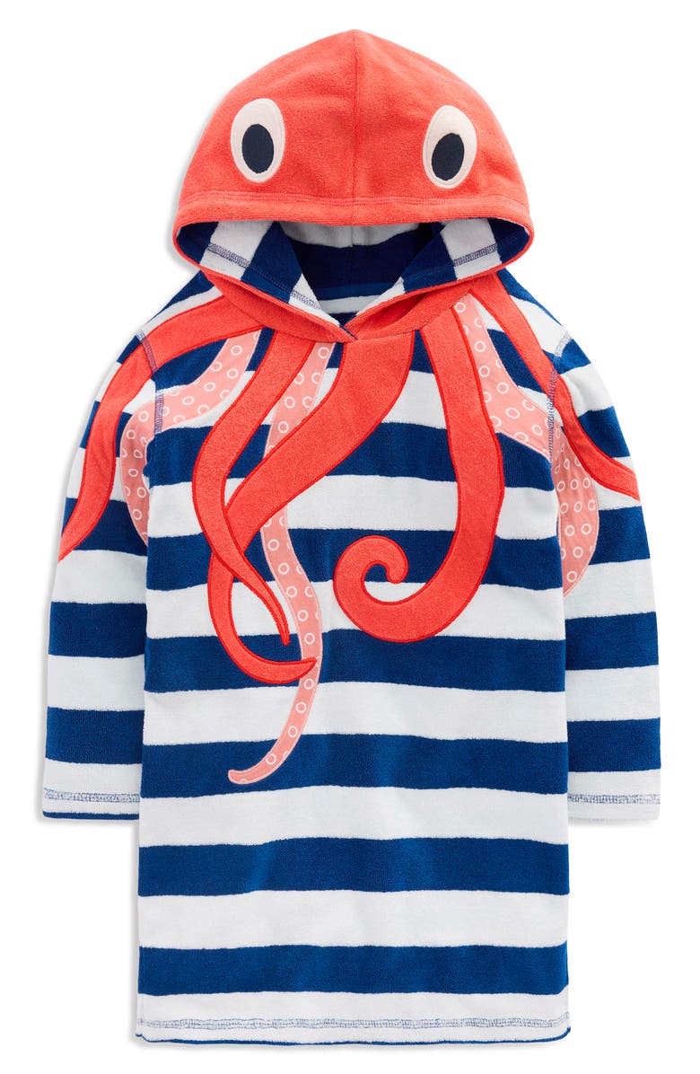 Mini Boden Kids' Appliqué Hooded Cotton Tunic, Main, color, Stripe Octopus