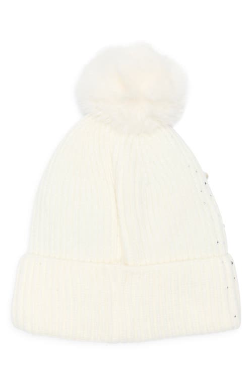 Nanette Lepore Scattered Embellished Faux Fur Pompom Beanie In Neutral
