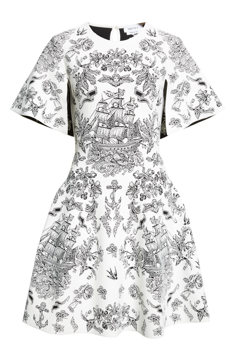 McQueen Sailor Tattoo Jacquard Cape Sleeve Fit & Flare Sweater Dress, Alternate, color, Ivory/ Black
