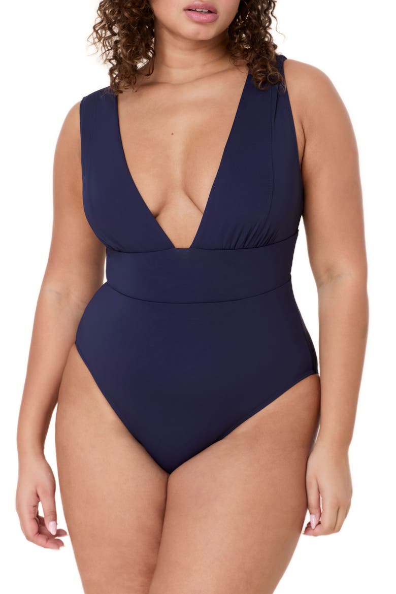 Mykonos Plunge One-Piece Swimsuit, Alternate, color, NAVY
