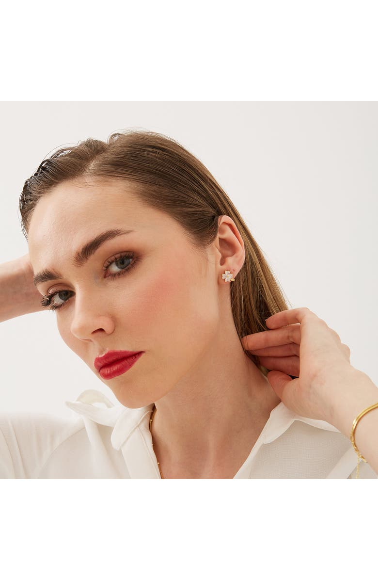 Spero London Four Leaf Clover Sterling Silver Stud Earrings - White, Alternate, color, Gold