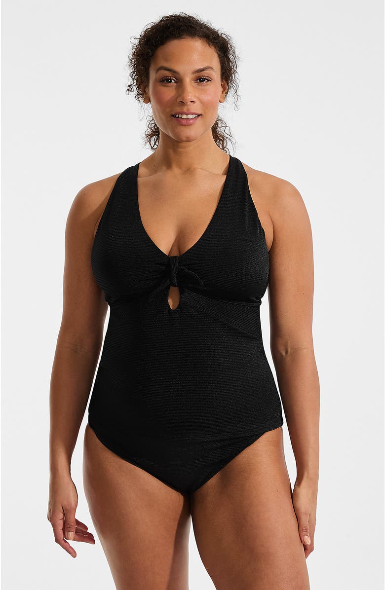 Lands' End Plus Size Shine Ribbed Tankini Top and High Waisted Bottom Swimsuit Set, Main, color, Black Ottoman