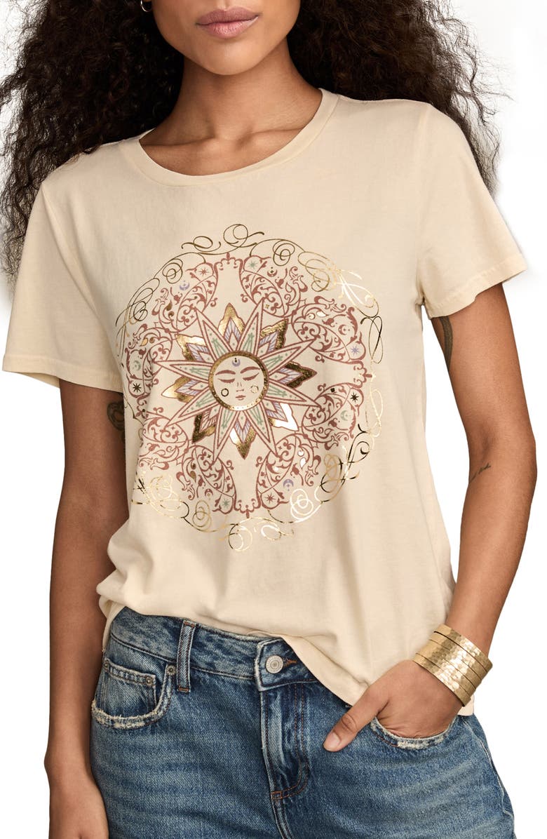 Lucky Brand Ornate Sun Frame Metallic Graphic T-Shirt, Main, color, Turtledove
