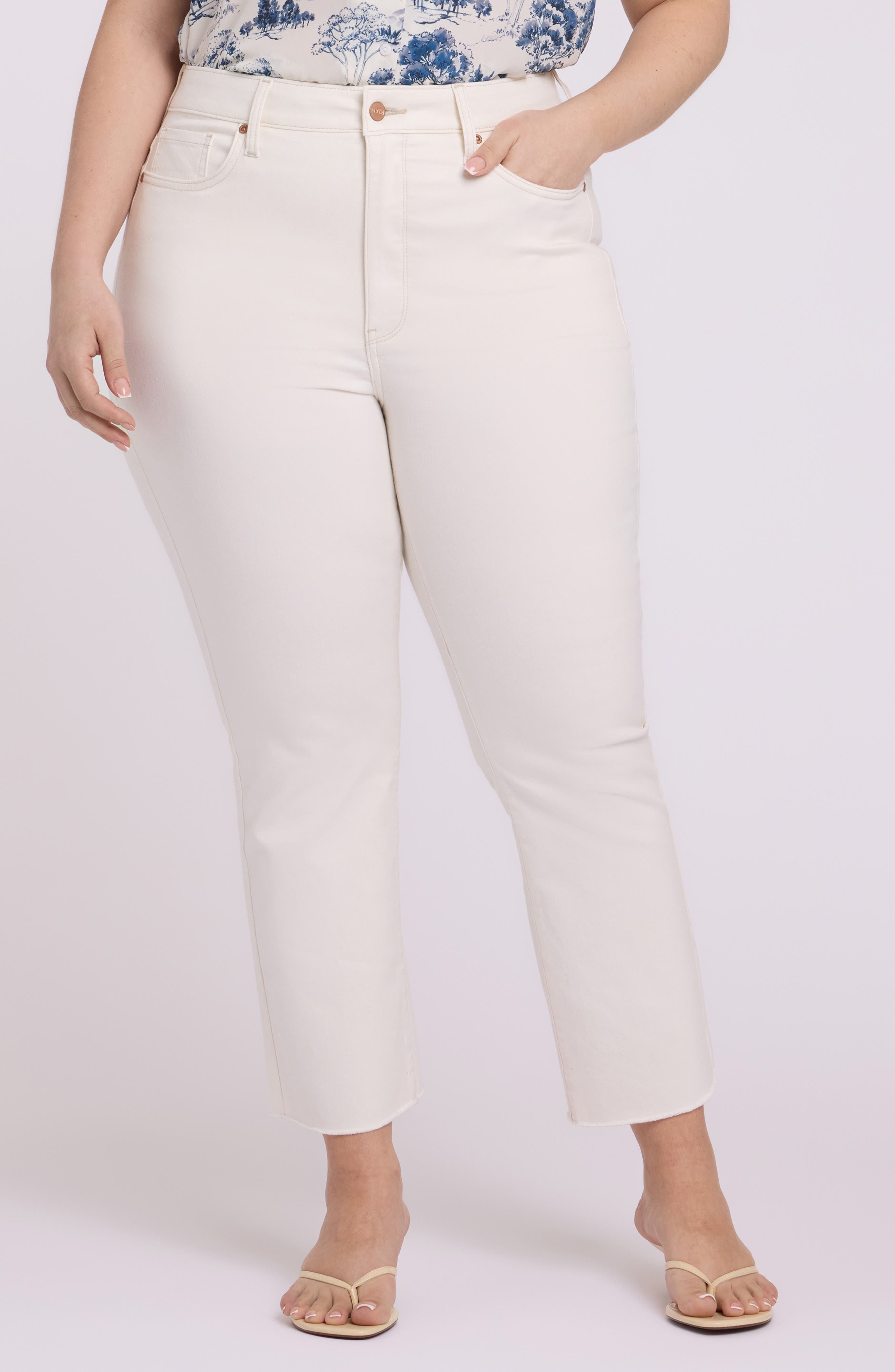 Nydj Billie Frayed High Waist Ankle Mini Bootcut Jeans In White