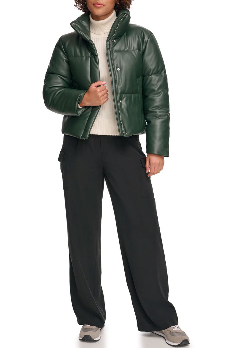 Water Resistant Faux Leather Puffer Jacket, Alternate, color, DARKEST SPRUCE