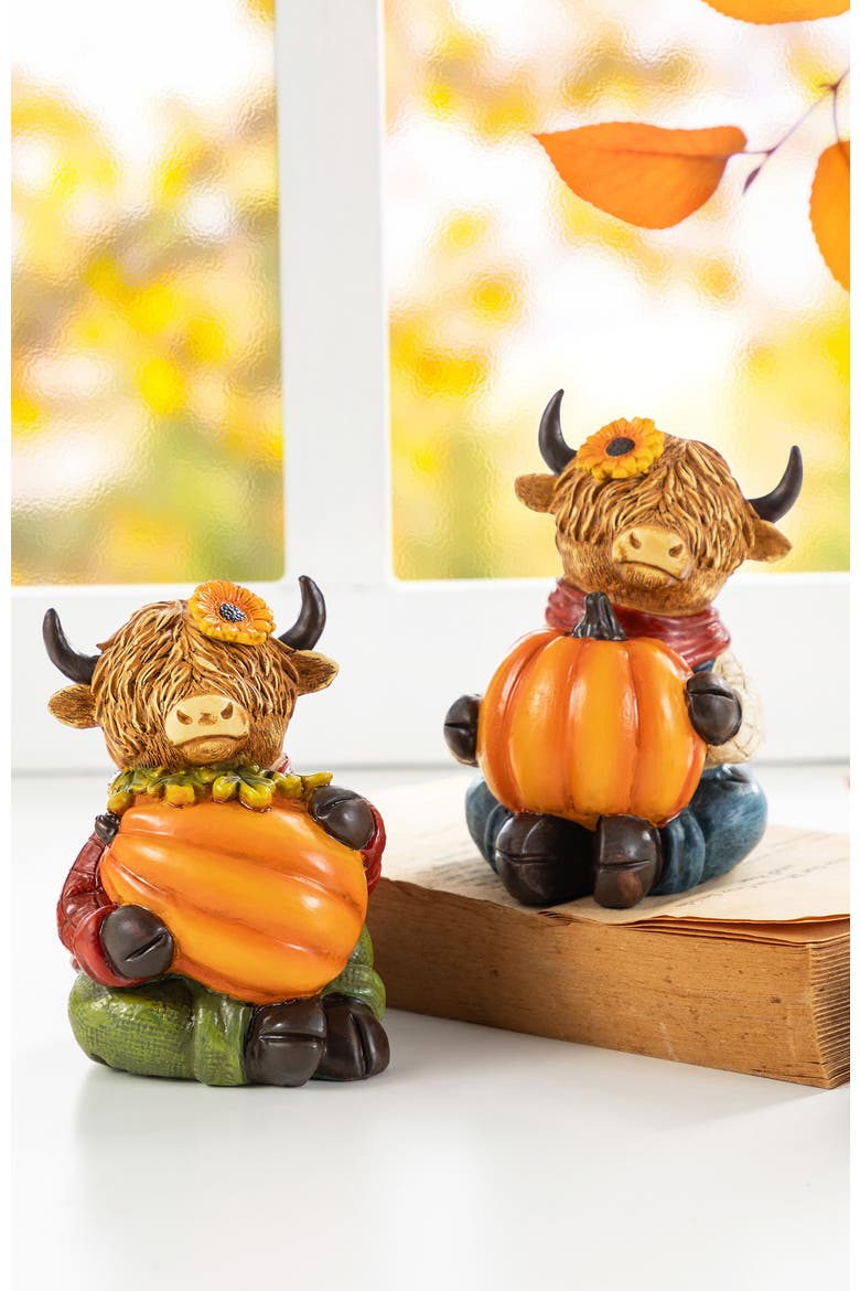 Set of 2 Fall Resin Highland Cow Table Decor, Alternate, color, Orange