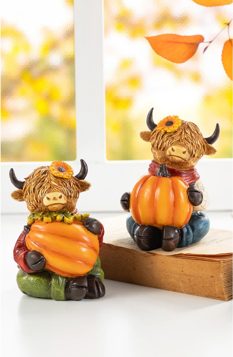 Glitzhome Set of 2 Fall Resin Highland Cow Table Decor, Alternate, color, Orange