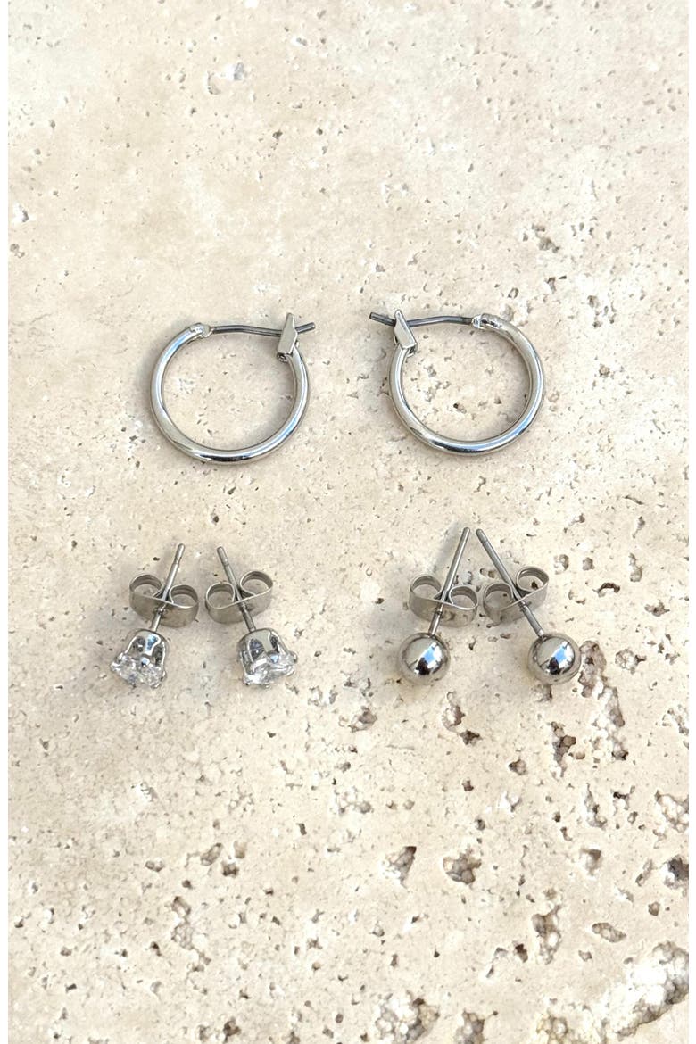 Set of 3 Assorted Studs and Hoop Earrings, Alternate, color, SILVER