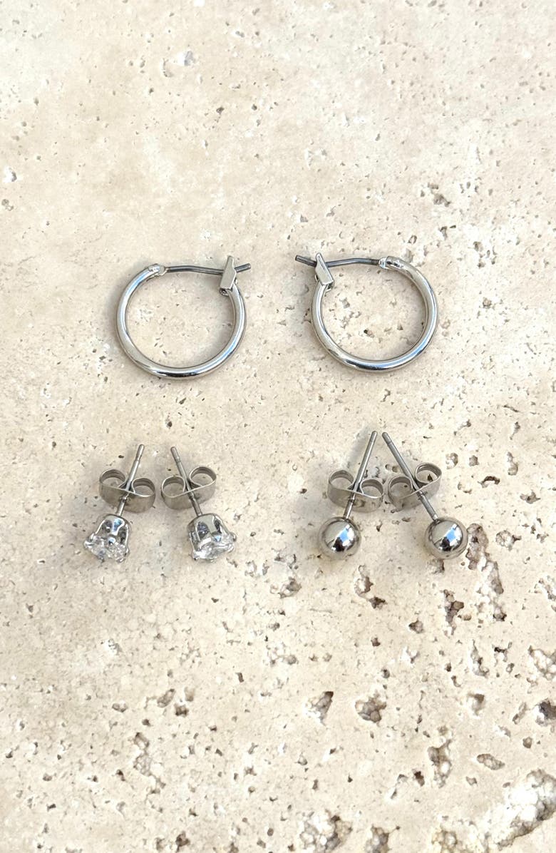 Adornia Set of 3 Assorted Studs and Hoop Earrings, Alternate, color, Silver