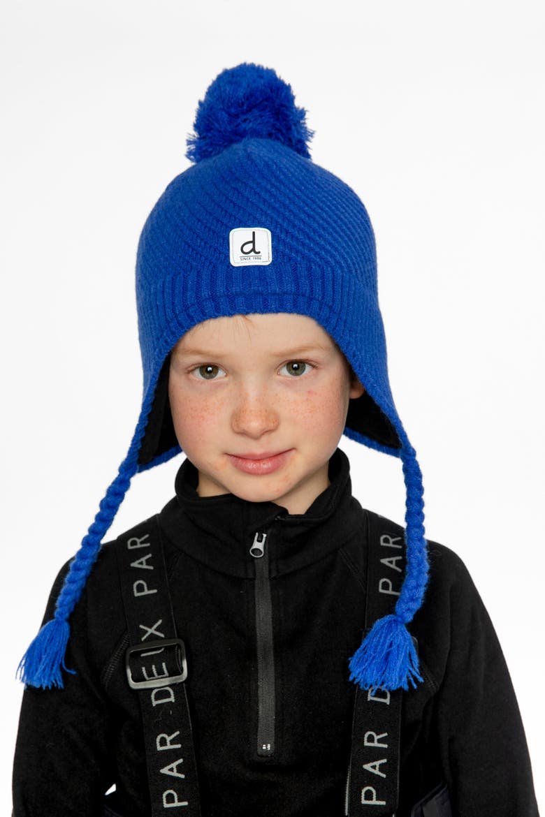 Boy Winter Peruvian Fleece Lined Ear Flap Knit Hat with Pompom, Alternate, color, Royal Blue