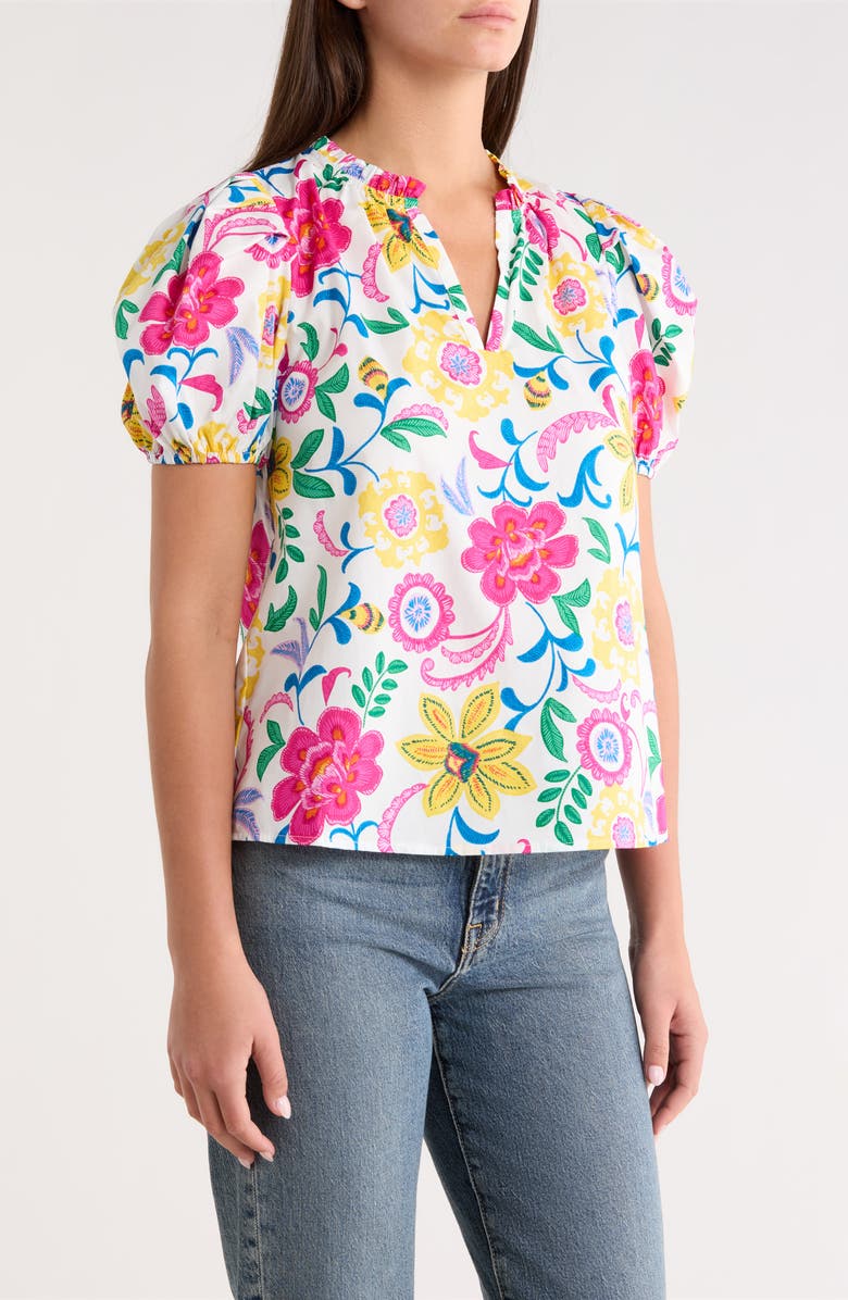 SUGARLIPS Punta Alta Berisa Split Neck Puff Sleeve Cotton Top, Alternate, color, White Multi