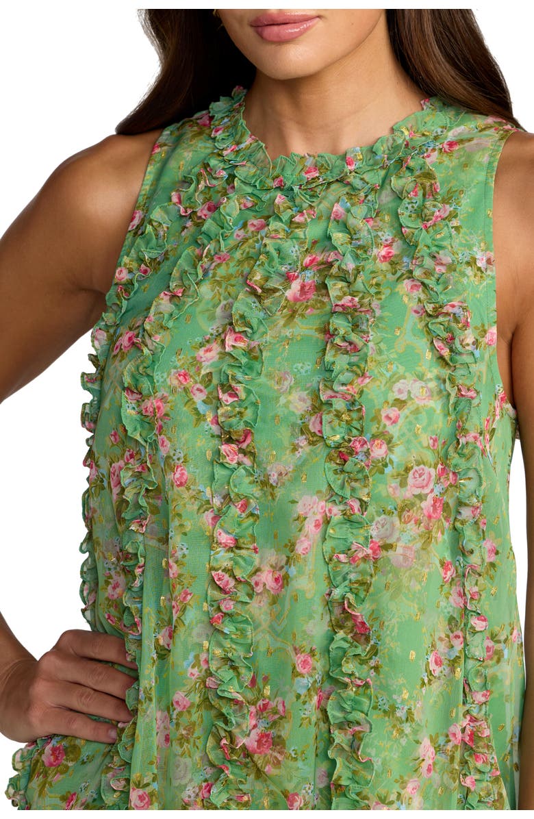 Mac Duggal Sleeveless Floral Print Chiffon Micro Ruffle Gown, Alternate, color, Sage Multi