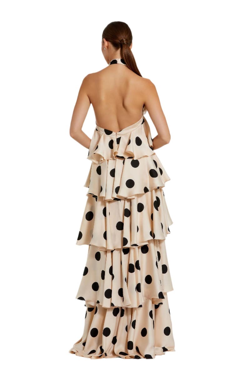 Mac Duggal Polka Dot Charmeuse Halter Tiered Ruffle Gown, Alternate, color, Cream Black