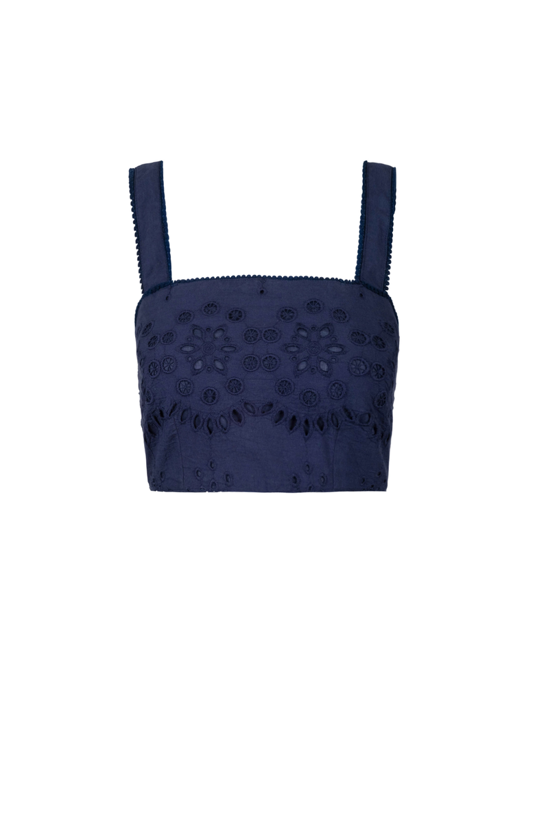 Change of Scenery Ilyssa Eyelet Embroidered Square Neck Smocked Crop Top, Alternate, color, Navy Calypso Eyelet