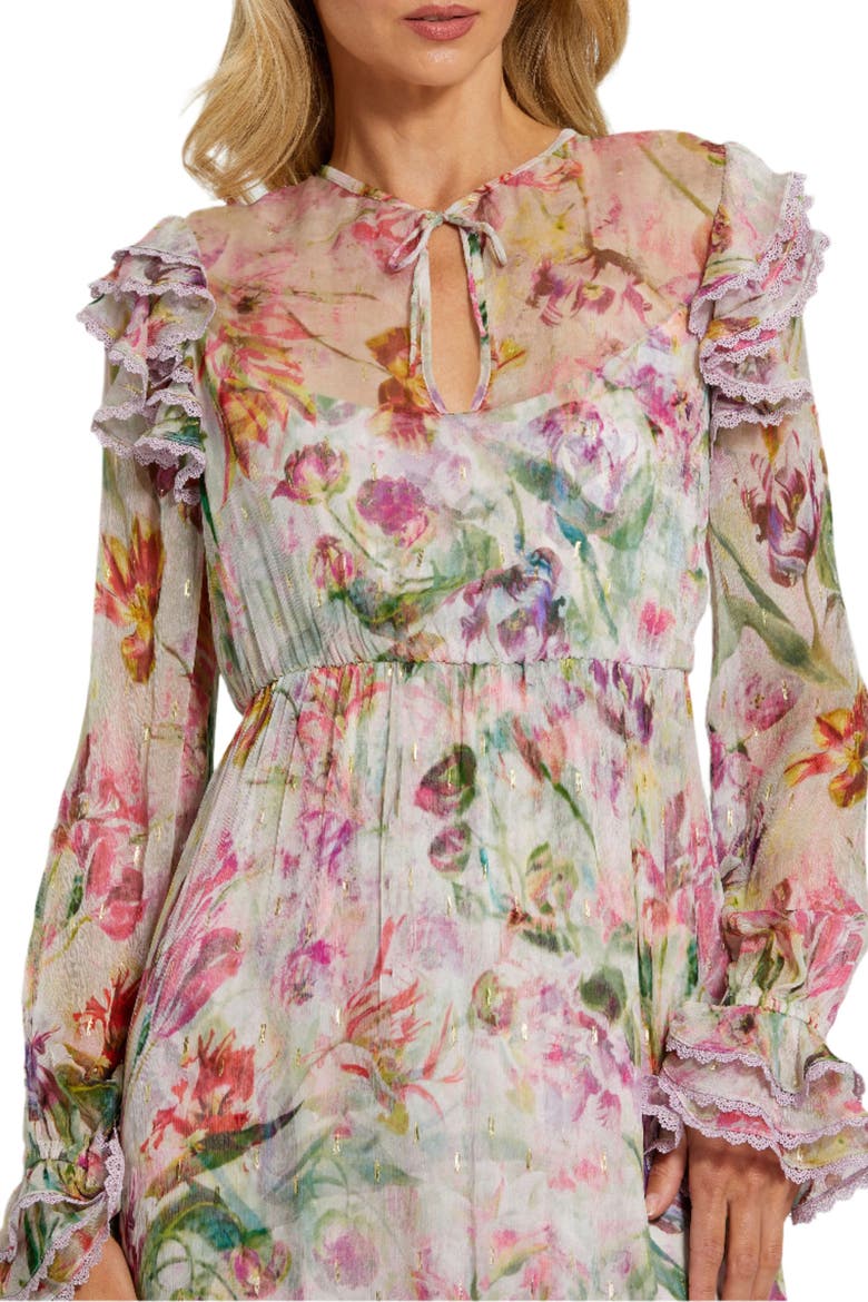 Women's Long Sleeve Ruffle Detail Floral Shift Dress, Alternate, color, Lilac Multi