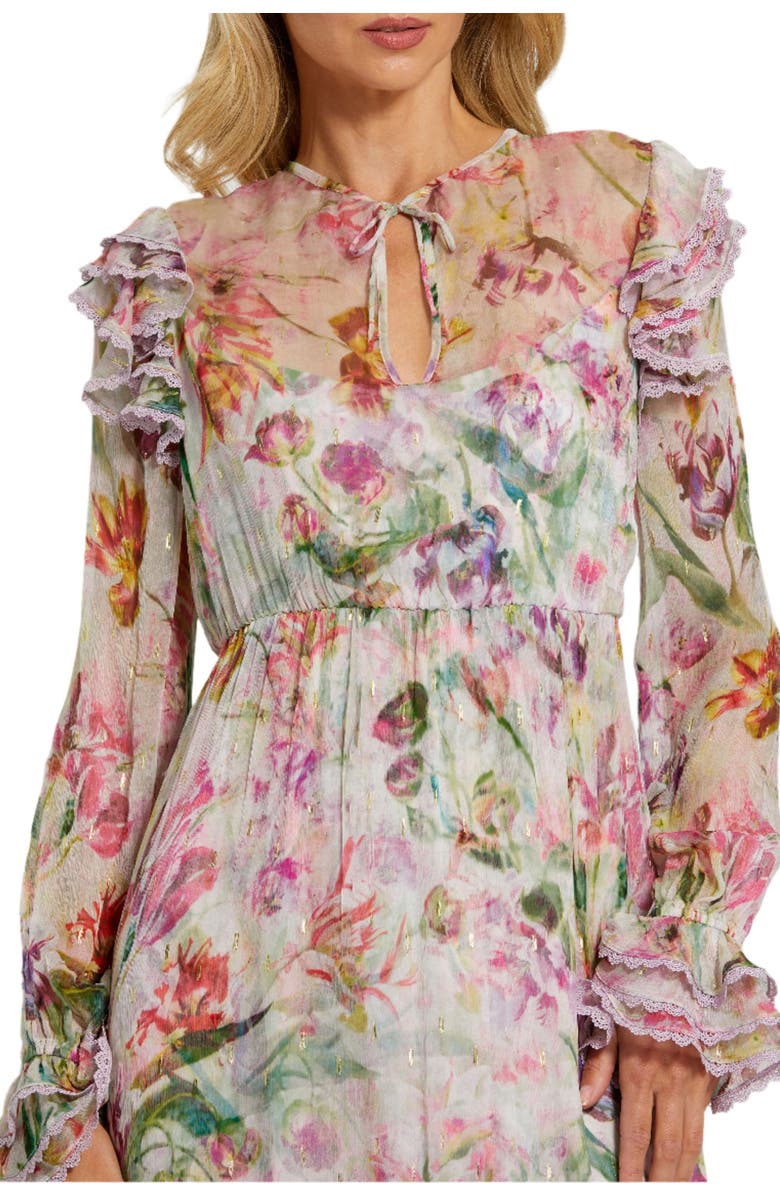 Mac Duggal Women's Long Sleeve Ruffle Detail Floral Shift Dress, Alternate, color, Lilac Multi