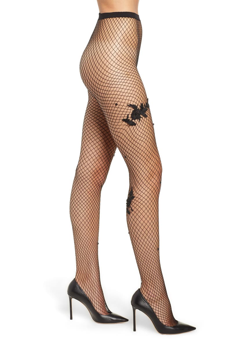 Fishnet Floral Tights, Main, color, BLACK
