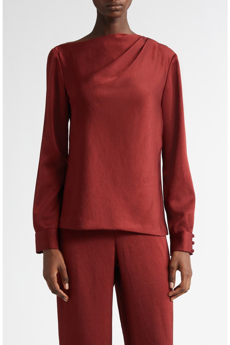 Asymmetric Drape Detail Brushed Satin Top, Main, color, BORDEAUX
