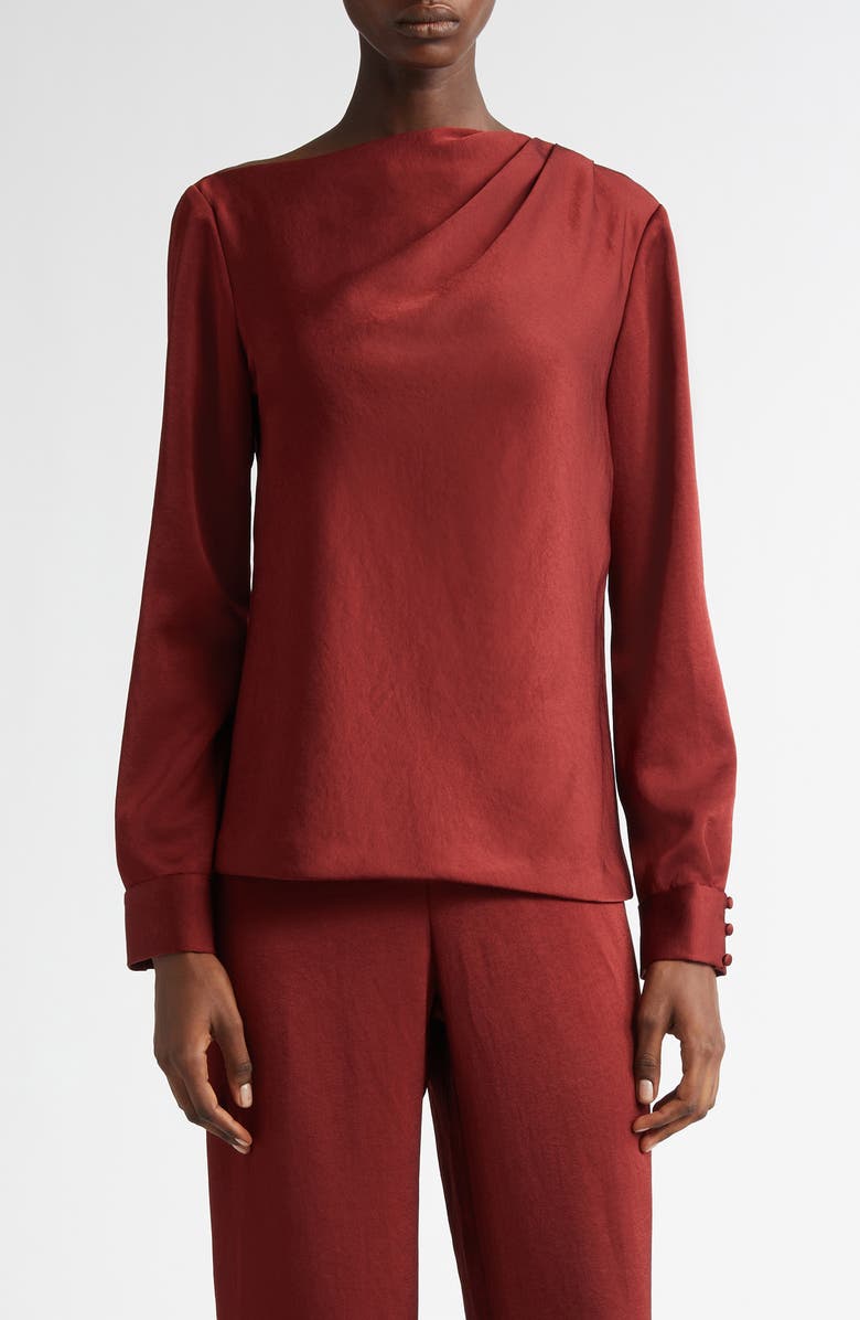 Lela Rose Asymmetric Drape Detail Brushed Satin Top, Main, color, Bordeaux