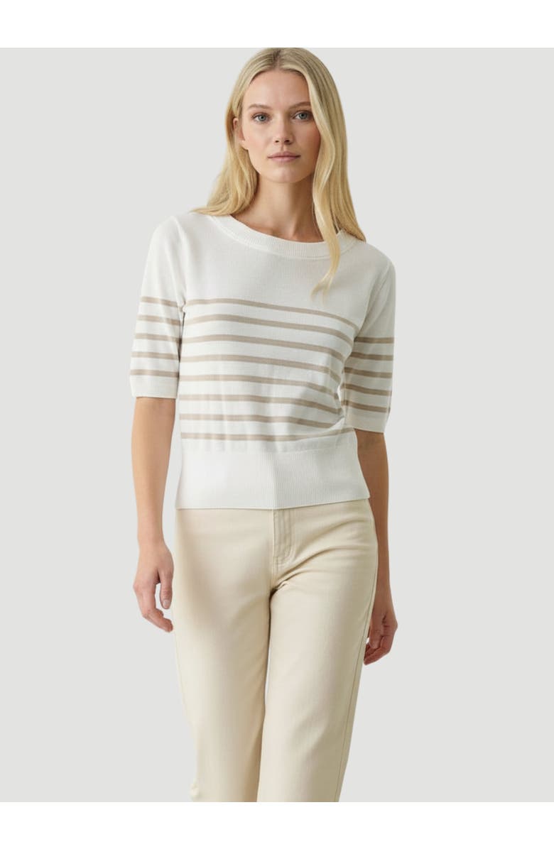 Majestic Filatures Stretch Linen Stripe Knit Three Quarter Sleeve Boatneck, Alternate, color, Desert