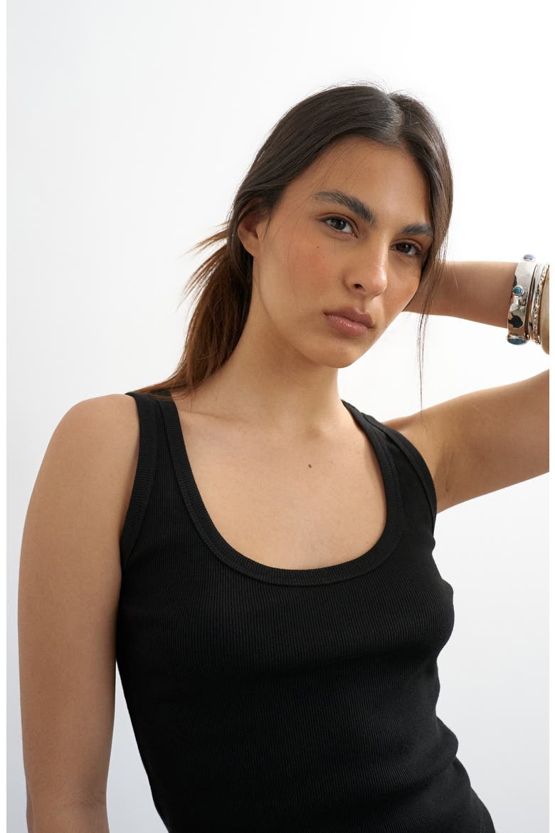 Rib Curved Hem Stretch Cotton Tank, Alternate, color, BLACK