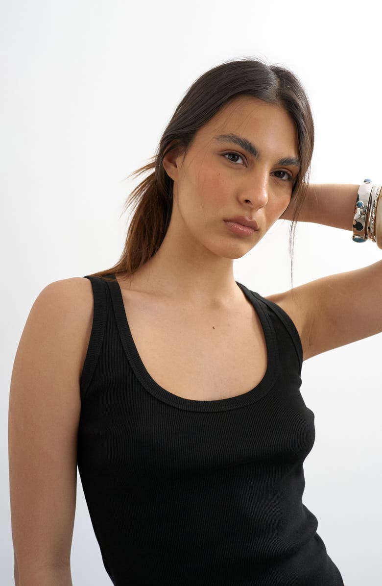 Topshop Rib Curved Hem Stretch Cotton Tank, Alternate, color, Black