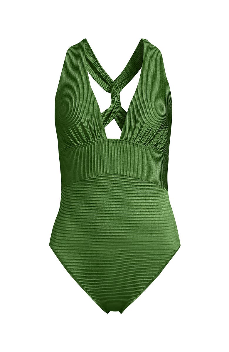 Lands' End Shine Ribbed Twist Back High Leg One Piece Swimsuit, Alternate, color, Fusion Green Shine