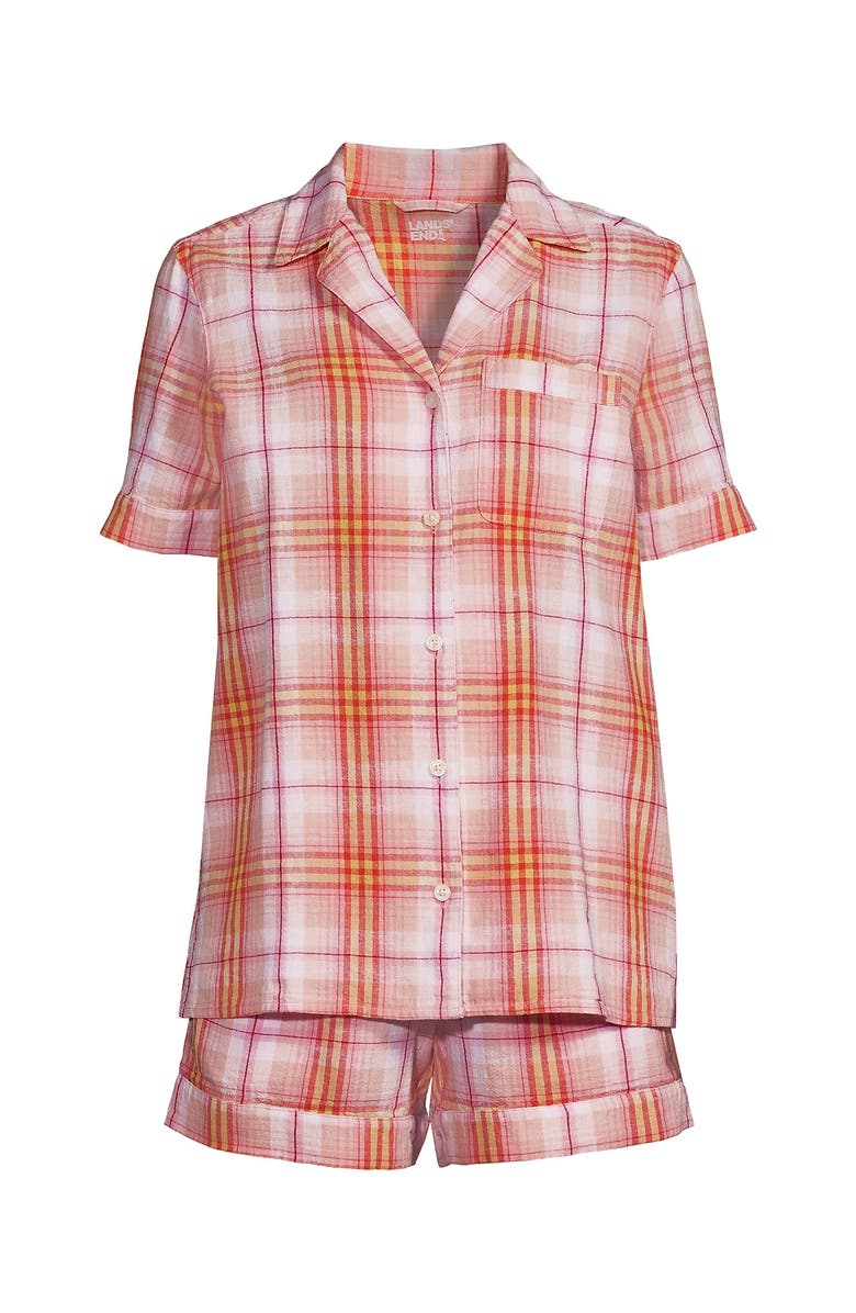Lands
 End Women Linen 2 Piece Pajama Set - Short Sleeve Top and Shorts, Alternate, color, Sunset Coral Pink Plaid