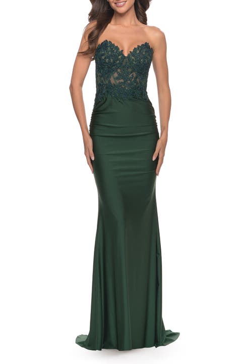 Stunning Strapless Jeweled Lace and Jersey Dress