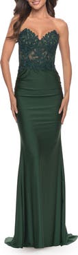La Femme Stunning Strapless Jeweled Lace and Jersey Dress