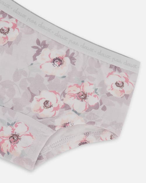 Deux Par Deux Girl's Printed Organic Cotton Boyshort Panty Pale Pink Flowers On Neutral Lilac In Pale Pink Flowers On Lilac