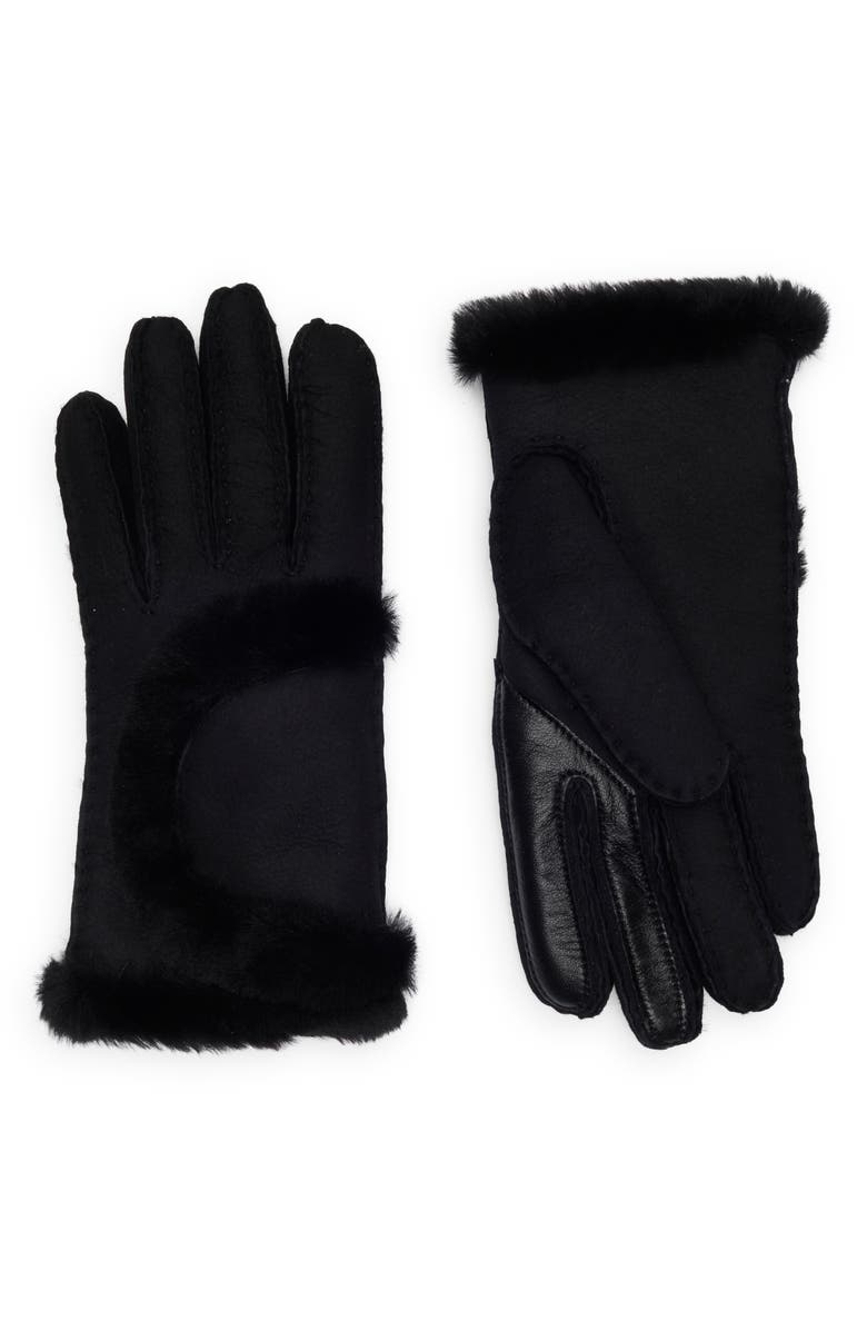 UGG<sup>®</sup> Sheepskin Genuine Shearling Trimmed Gloves, Main, color, Black