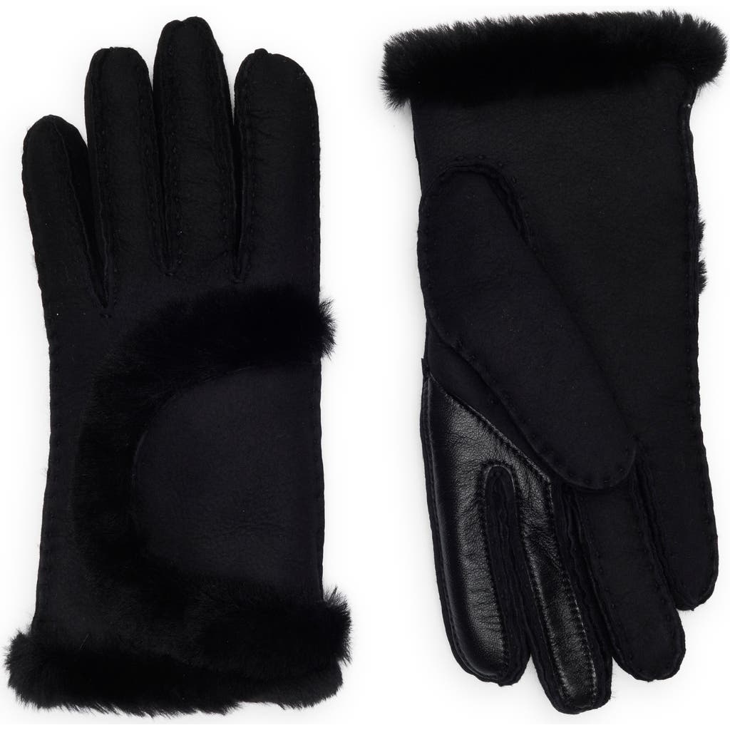 Ugg ® Sheepskin Genuine Shearling Trimmed Gloves In Black