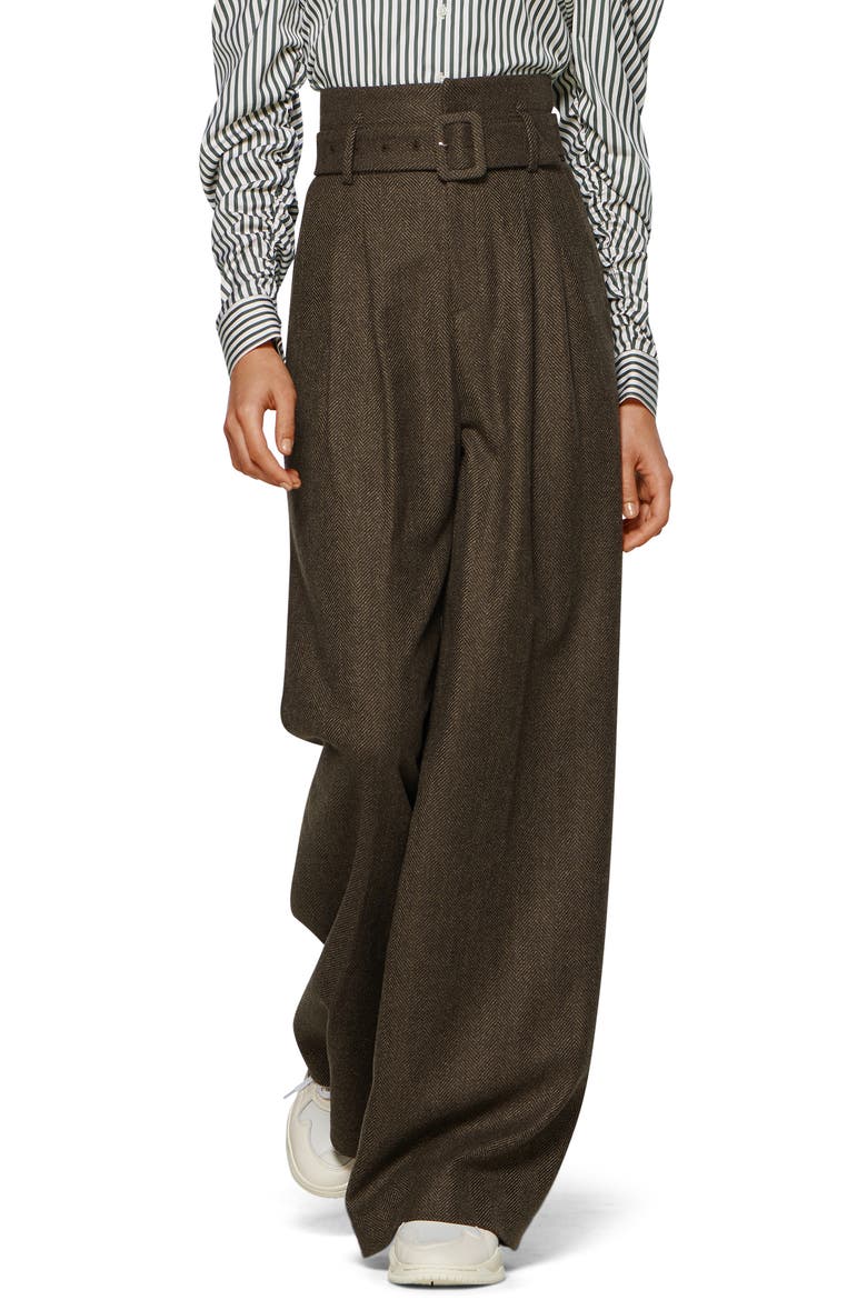 Frankie Herringbone Wide Leg Wool Trousers, Main, color, GREEN HERRINGBONE