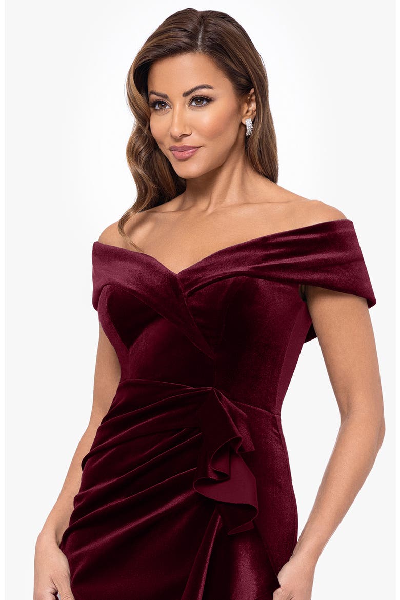 xscape off the shoulder velvet dress Christy" Long Off the Shoulder Velvet Dress