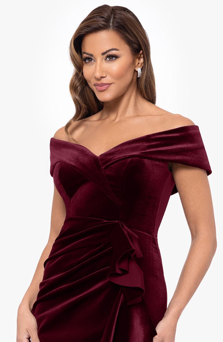 Xscape Evenings Ruffle Off the Shoulder Stretch Velvet Gown, Alternate, color, Burgundy