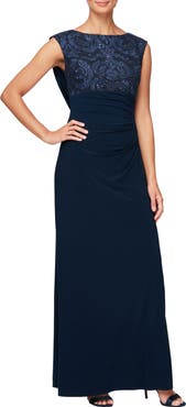 Alex Evenings Sequin Floral Bodice Cowl Back Formal Gown