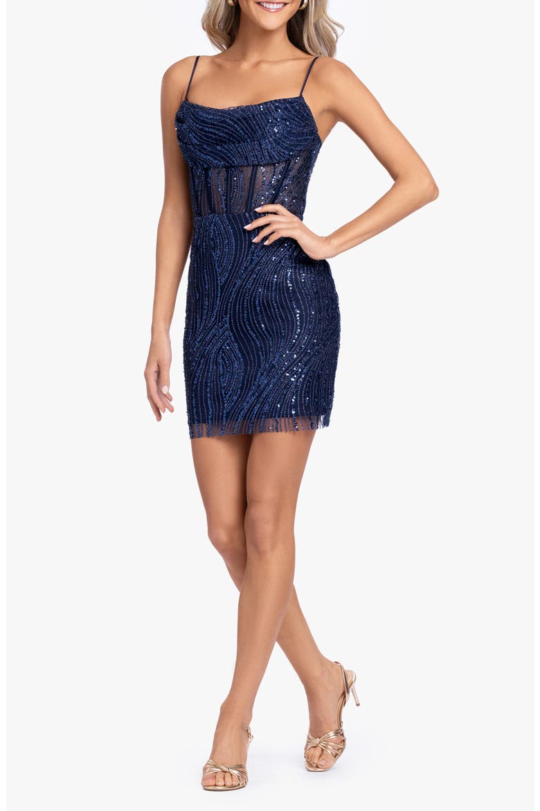 Sequin Corset Bodice Cocktail Minidress, Alternate, color, NAVY