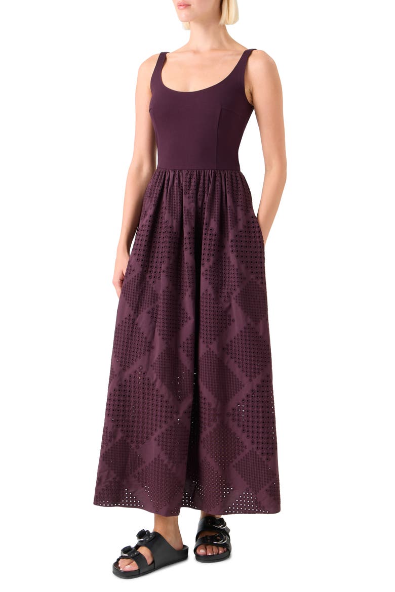 Mixed Media Diamond Eyelet Belted Midi Dress, Alternate, color, BLACKBERRY