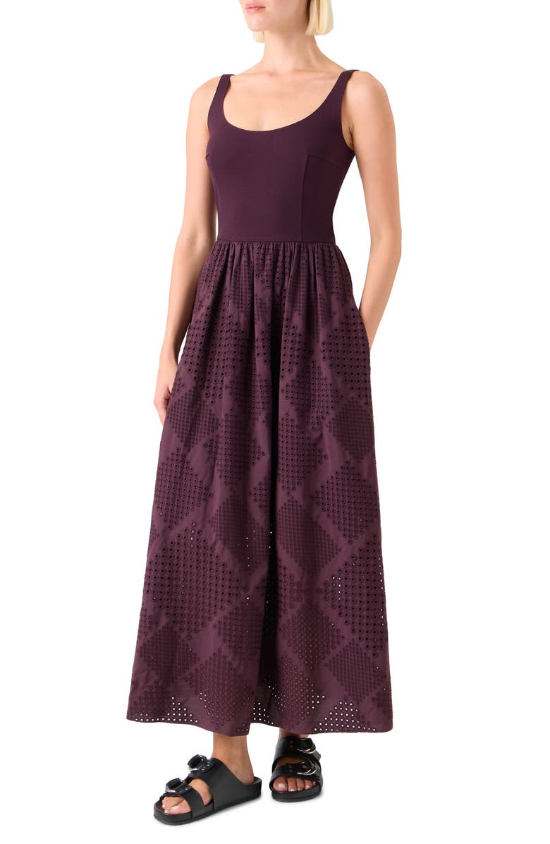 Akris punto Mixed Media Diamond Eyelet Belted Midi Dress, Alternate, color, Blackberry