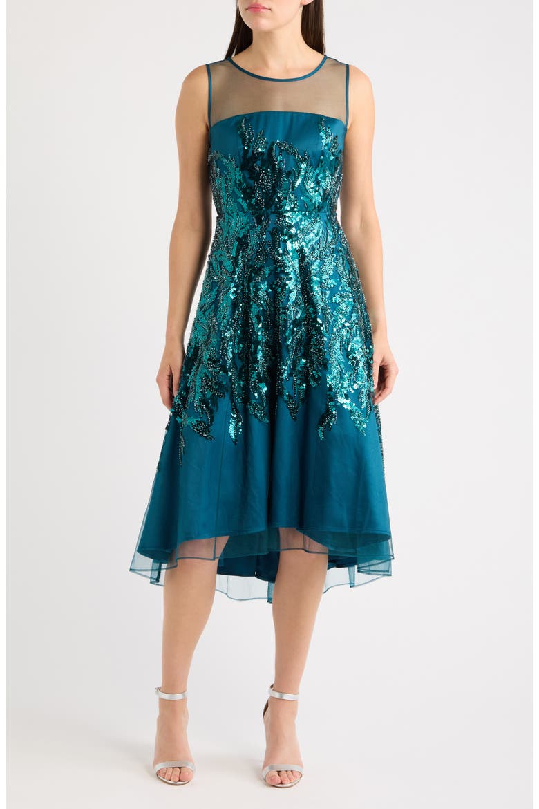 Illusion Sequin Sleeveless Cocktail Dress, Main, color, JEWEL